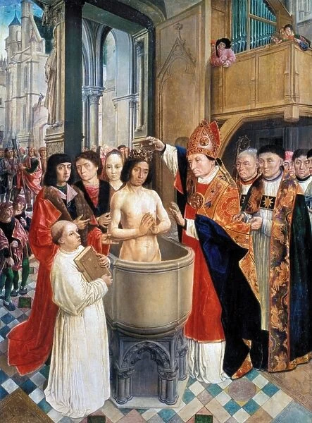 Baptism of Clovis I in 496 A. D. : oil on wood, c1500, by Master of Saint Gilles