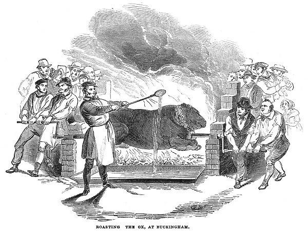 BARBECUE, 1844. Roasting the ox, at Buckingham. Wood engraving, English, 1844