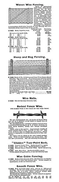 BARBED WIRE ADVERTISEMENT. Offers for wire fencing in an American catalog, c1900