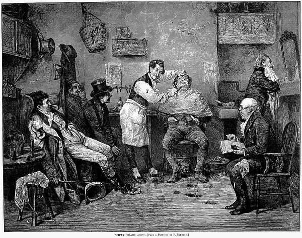 BARBER SHOP, c1825. Scene in an English barber shop, c1825. Wood engraving, American, 1875, after a painting by Frederick Barnard (1846-1896)