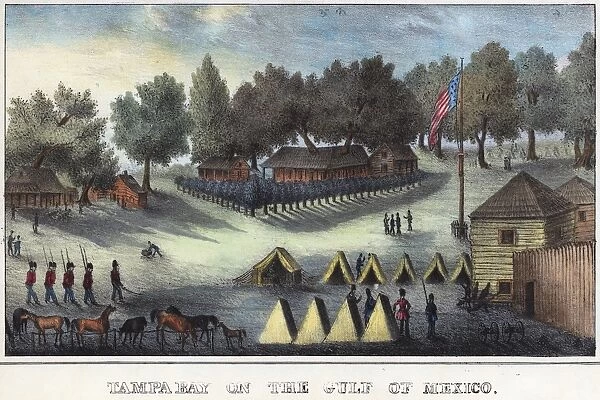Barracks and tents at Fort Brooke in Tampa Bay, Florida, during the Second Seminole War in 1835. Hand-colored lithograph, 1837