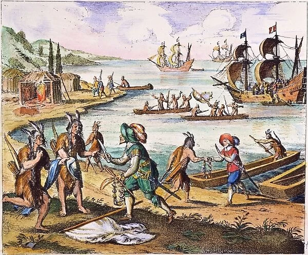 BARTHOLOMEW GOSNOLD (1572-1607). English navigator. Gosnold trading with Indians on the New England coast, 1602. Line engraving, 1634