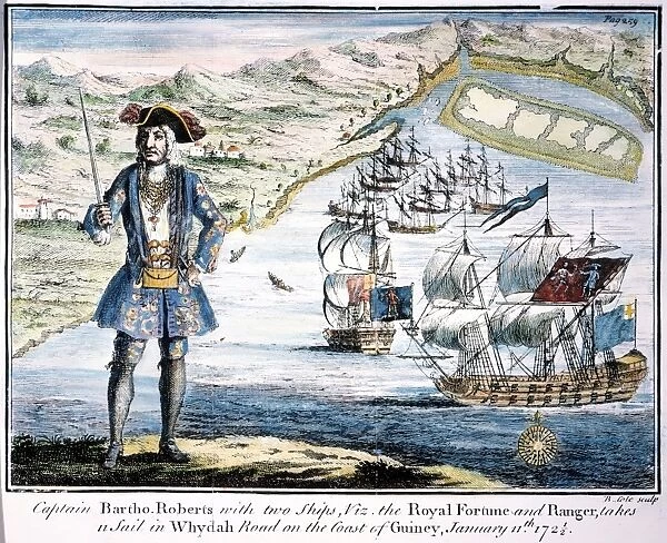 BARTHOLOMEW ROBERTS. The pirate Bartholomew Roberts shown with his ships Royal Fortune and Ranger, and the 11 ships they captured off the Guinea coast of Africa in 1722. Line engraving, English, 1724