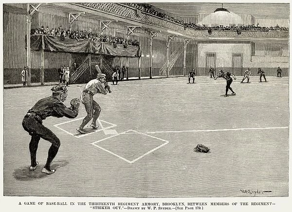 BASEBALL: BROOKLYN, 1890. A game inside the Thirteenth Regiment Armory between members of the regiment, Brooklyn, New York. Wood engraving, 1890