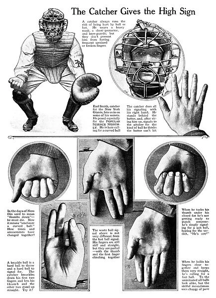 BASEBALL: CATCHER SIGNALS. Diagram of signals used by New York Giants catcher Earl Smith