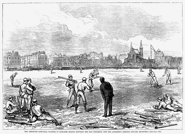 BASEBALL: ENGLAND, 1874. Match between the Boston Red Stockings, visiting from America, and the Athletics at Princes Ground, Brompton, England. Wood engraving from an American newspaper of 1874