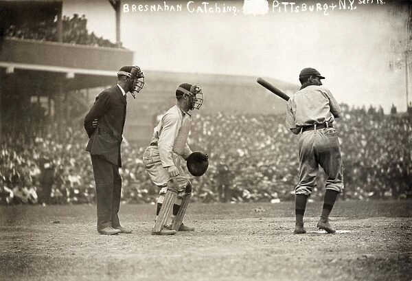BASEBALL GAME, 1908. Baseball game between the New York Giants and the Pittsburgh Pirates, with Roger Bresnahan catching, 18 September 1908