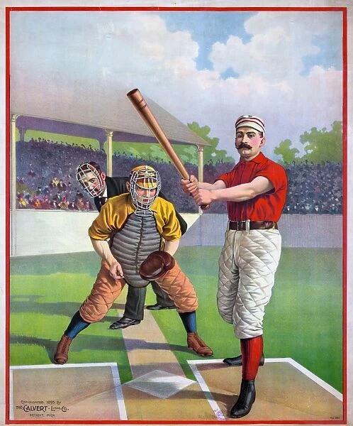 BASEBALL GAME, c1895. A baseball batter with a catcher and umpire behind him. Lithograph poster, c1895
