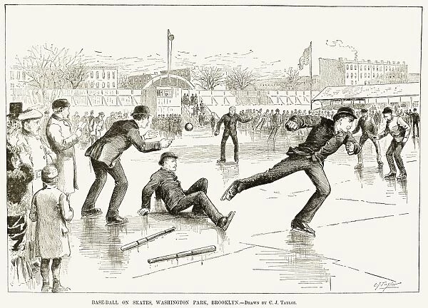 BASEBALL ON ICE, 1884. Playing baseball on ice skates at Washington Park, Brooklyn. Wood engraving, American, 1884