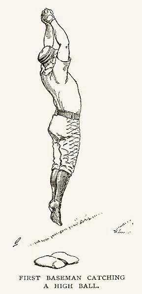 BASEBALL PLAYER, 1889. First baseman catching a high ball. Wood engraving, American, 1889