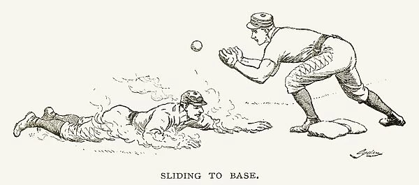 BASEBALL PLAYERS, 1889. Sliding to base. Wood engraving, American, 1889