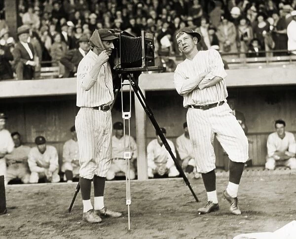 BASEBALL PLAYERS, 1920s. Al Schacht and Nick Altrock of the Washington Senators clowning around before a camera, 1920s
