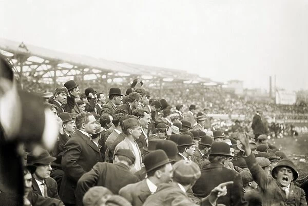 BASEBALL: PLAYOFF, 1908. Crowds attending the one-game playoff between the New York Giants and the Chicago Cubs at the Polo Grounds in New York City, 8 October 1908, to determine that years winner of the National League Pennant (won by the Cubs)