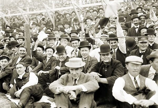 BASEBALL: PLAYOFF, 1908. Crowds attending the one-game playoff between the New York Giants and the Chicago Cubs at the Polo Grounds in New York City, 8 October 1908, to determine that years winner of the National League Pennant (won by the Cubs)