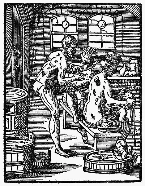 BATHHOUSE PROPRIETOR, 1568. The proprietor of a bathhouse removing a flea