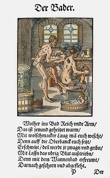 BATHHOUSE PROPRIETOR, 1568. The proprietor of a bathhouse removing a flea