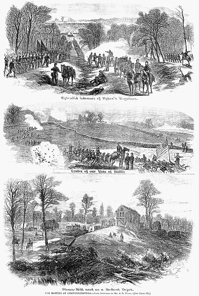 The Battle of Chancellorsville, Virginia, 2-4 May 1863, during the American Civil War. Three engravings, after field sketches by Alfred R. Waud, on a page of a contemporary American newspaper
