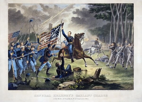 BATTLE OF CHANTLLY, 1862. General Phillip Kearny leads a Union charge during the Battle of Chantilly, Virginia, 1 September 1862, in which he was killed. Lithograph, c1867