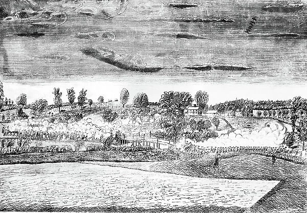 BATTLE OF CONCORD, 1775. The engagement at the North Bridge, Concord, Massachusetts, 19 April 1775. Line enggraving, 1775, by Amos Doolittle