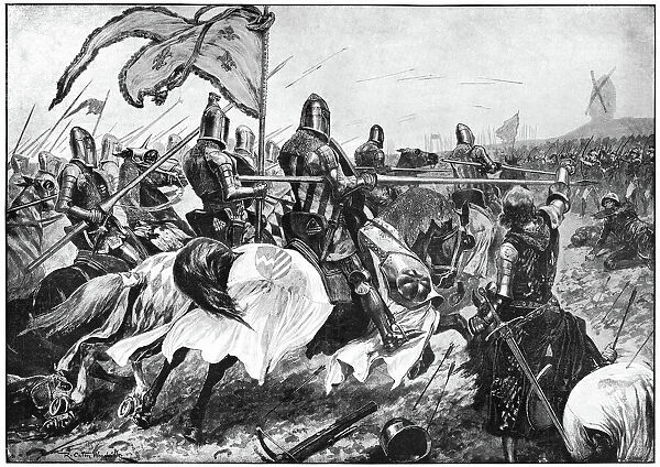 BATTLE OF CRECY, 1346. Charge of the French chivalry on the English bowmen. Illustration by R