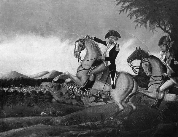 BATTLE OF FALLEN TIMBERS. General Anthony Wayne leading the victorious attack against