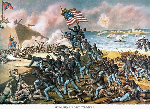 BATTLE OF FORT WAGNER, 1863. The 54th Massachusetts (Colored) Regiment storming Fort Wagner, South Carolina, during the American Civil War, 18 July 1863. Lithograph, 1890, by Kurz & Allison