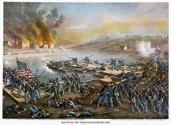 BATTLE OF FREDERICKSBURG. The Army of the Potomac crossing the Rappahannock River during the Civil War Battle of Fredericksburg, Virginia, 13 December 1862. Lithograph by Kurz & Allison, c1888
