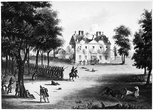 BATTLE OF GERMANTOWN, 1777. The American attack on the house of Benjamin Chew, a British stronghold during the Battle of Germantown, Pennsylvania, 3-4 October 1777. Line engraving, American, 19th century