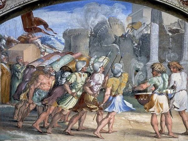 BATTLE OF JERICHO. The walls of Jericho falling. Fresco at the Vatican by Raphael or his school