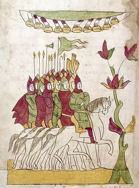 BATTLE OF KULIKOVO, 1380. Russian forces led by Prince Vladimir the Bold set out to attack the Tatar army led by Mamai during the Battle of Kulikovo, 1380. Illumination from a 14th or 15th century version of the Russian epic, Zadonschina