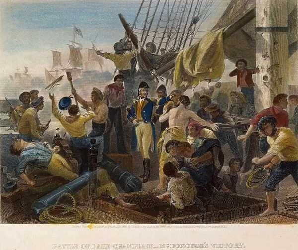 BATTLE OF LAKE CHAMPLAIN. Thomas Macdonough and his crew hailing their victory over the British in the Battle of Lake Champlain (Plattsburg), 11 September 1814: colored engraving, 19th century