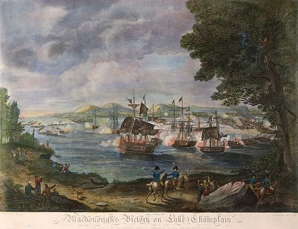 BATTLE OF LAKE CHAMPLAIN. Thomas Macdonoughs victory at the Battle of Lake Champlain (Plattsburg), 11 September 1814: colored engraving, 1816