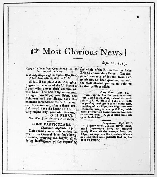 BATTLE OF LAKE ERIE, 1813. Most Gloriouse News! Broadside, 21 September 1813