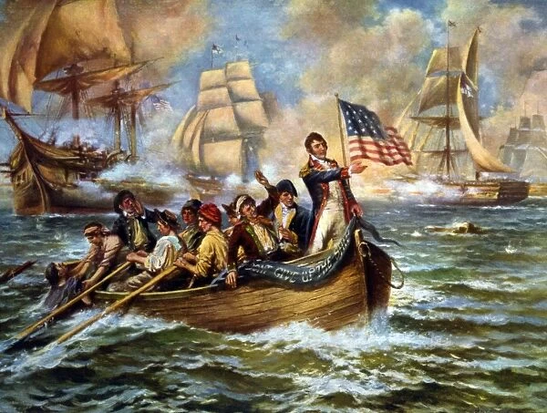BATTLE OF LAKE ERIE, 1813. Oliver Hazard Perry standing on front of small boat