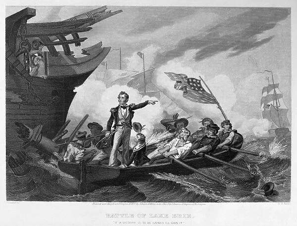 BATTLE OF LAKE ERIE, 1813. Oliver Hazard Perry leaving his badly damaged flagship, the Lawrence, for the Niagara to continue fighting against the British at the Battle of Lake Erie, 10 September 1813. Steel engraving, American, 1877, after a painting by William Henry Powell