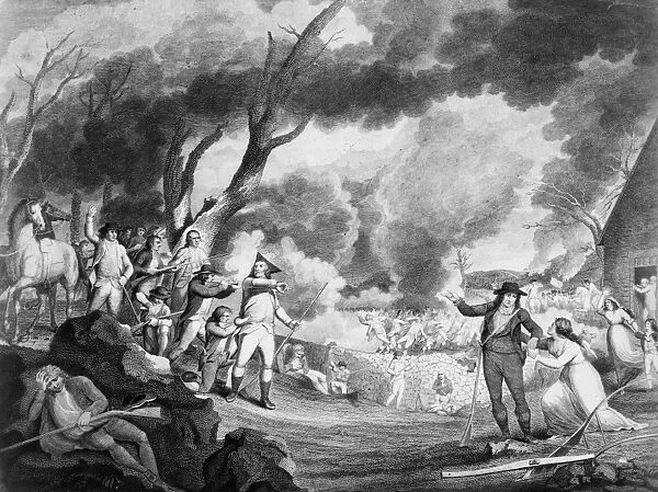 Battle of Lexington during the American Revolution, 19 April 1775. Line engraving, 1798, by Cornelius Tiebout