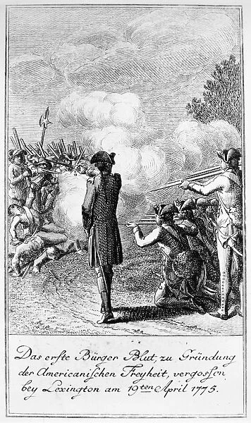 Battle of Lexington, Massachusetts, during the American Revolution, 19 April 1775. Line engraving, German, 1784