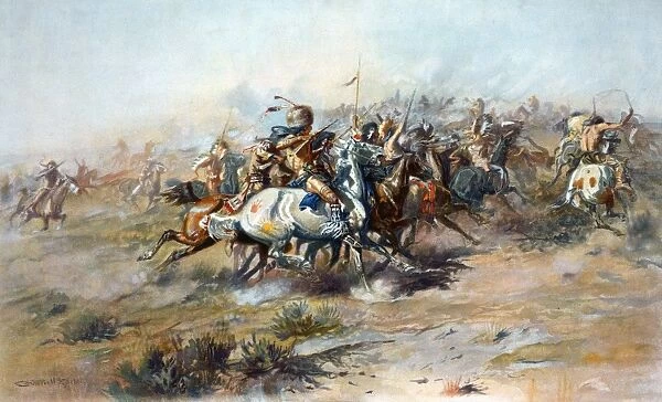BATTLE OF LITTLE BIGHORN. Native Americans on horseback at the Battle of Little Bighorn