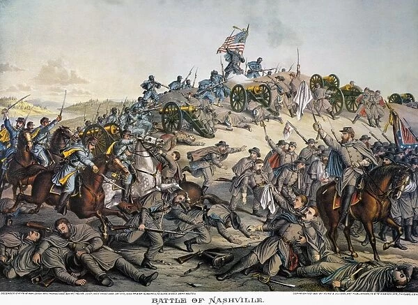 BATTLE OF NASHVILLE, 1864. The Battle of Nashville, Tennessee, 15-16 December 1864. Lithograph, 1891, by Kurz & Allison