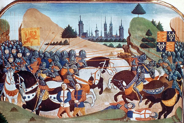 BATTLE OF NORMANDY, 1429. Scottish knights (at right) fighting the English at the