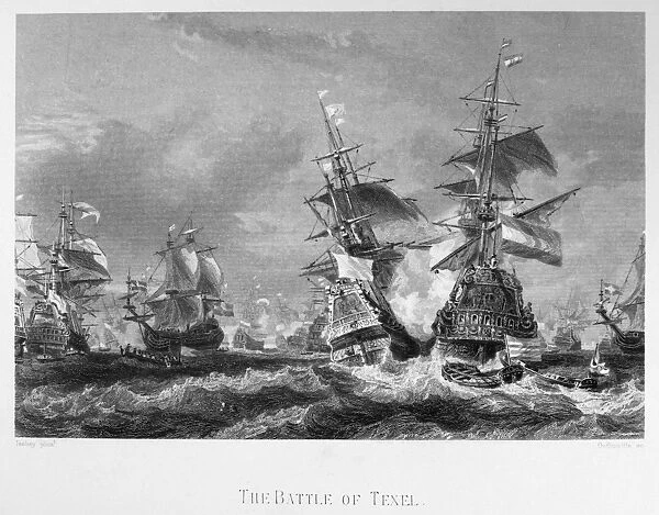 THE BATTLE OF TEXEL, 1673. Battle between the Dutch and the combined English and French fleets, the last major battle of the Third Anglo-Dutch War, 21 August 1673. Line engraving, 19th century