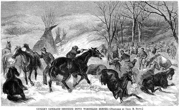 BATTLE OF WASHITA, 1868. Lieutenant Colonel George A. Custers men shooting some of the 900 horses captured from the Cheyenne Native Americans led by chief Black Kettle along the Washita River, Indian Territory. Contemporary American wood engraving