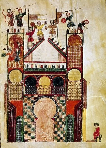 BATTLESCENE, 975. Defending a castle. Manuscript illumination, 975, for Beatus of Liebanas Commentary on the Apocalyse