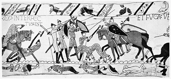 BAYEUX TAPESTRY. The last Anglo-Saxon king, Harold II (on the left), is struck down