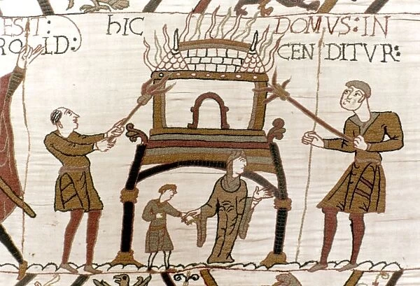 BAYEUX TAPESTRY. Bayeux Tapestry. Norman soldiers setting fire to a house