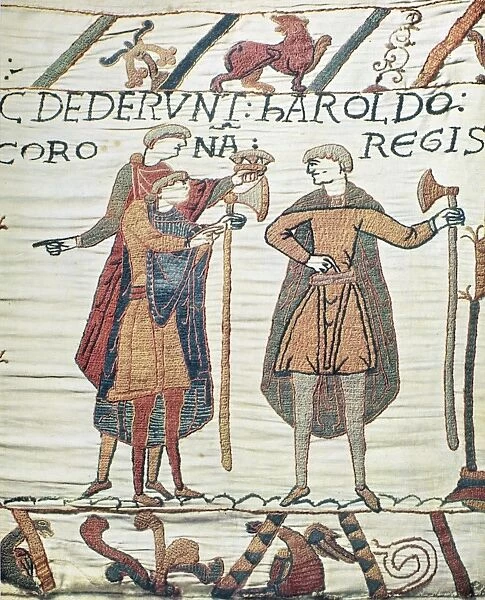BAYEUX TAPESTRY. The crown is offered to Harold II. Detail from the Bayeux Tapestry