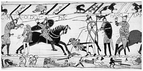 BAYEUX TAPESTRY. Passing an unarmed Englishman being struck down, the Norman cavalry