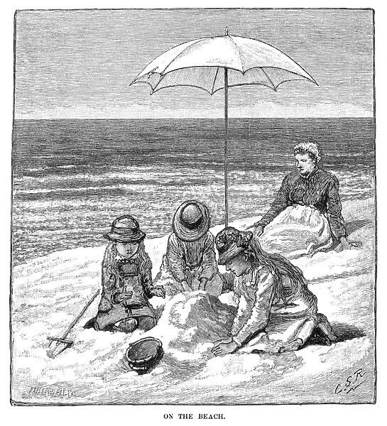 BEACH SCENE, 1879. On the Beach. Wood engraving