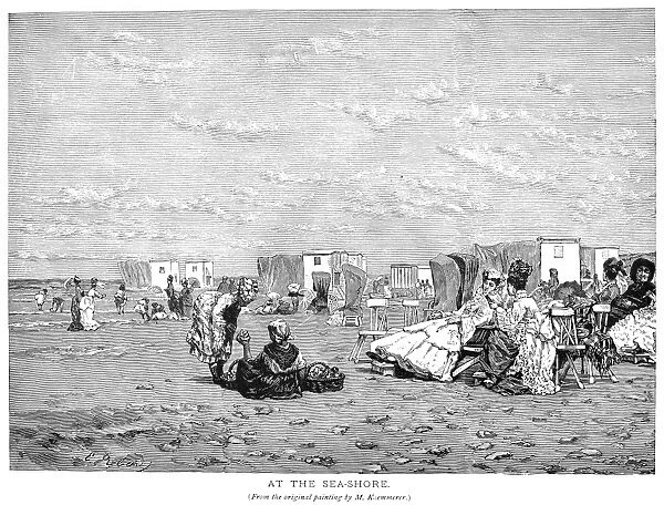 BEACH SCENE, 19TH CENTURY. At the Sea-Shore. Wood engraving. From the original painting by M. Kaemmerer