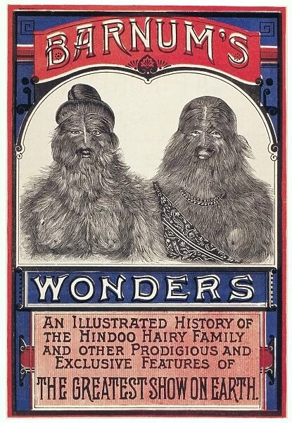 BEARDED FAMILY, 1887. Pamphlet for Barnums Wonders, with a bearded man and woman on the cover, 1887
